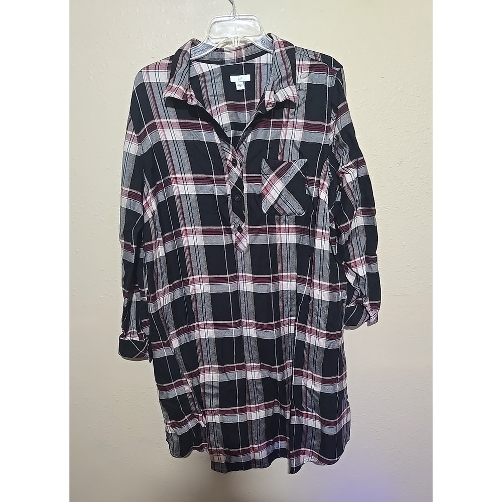 J Jill Black Plaid Academia Pocket Roll Tab Sleeve Shirt Dress Womans Size XL